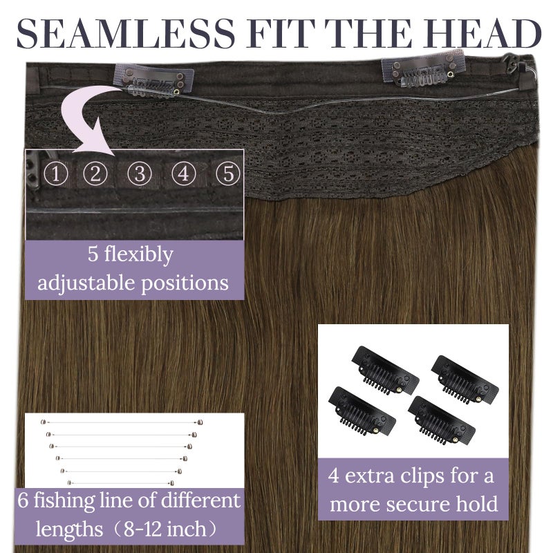 Fshine Invisible Wire Hair Extensions 14 Inch Brown Layered Hairpiece Adjustable Fishing Line Hair Extensions Clip in One Piece Human Hair Natural Add Volume for Women - Image 4